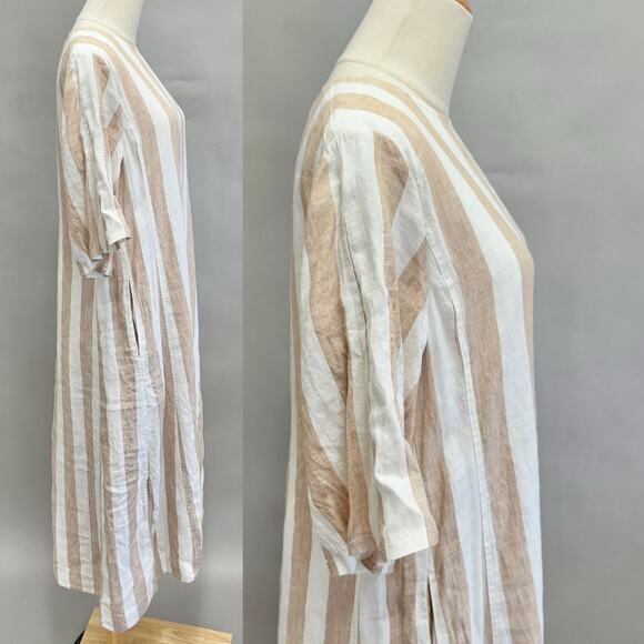Everlane Linen A-Line Midi Dress Bone White/Caramel Stripe Size 8 Boxy Lagenlook - Picture 3 of 15